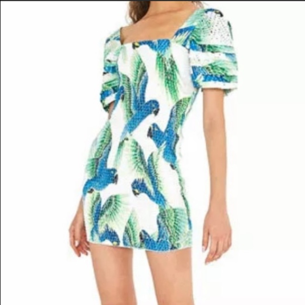 New FARM Rio Araras Parrot Smocked Mini Dress